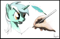 Size: 1024x666 | Tagged: safe, artist:dragmodnotloc, character:lyra heartstrings, species:human, creation, drawing, drawn into existence, fourth wall, hand, hand fetish, happy, sketch, smiling, that pony sure does love hands