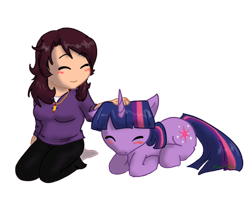 Size: 900x720 | Tagged: safe, artist:funakounasoul, character:twilight sparkle, species:human, blushing, cute, eyes closed, kneeling, necklace, petting, prone, simple background, smiling, transparent background