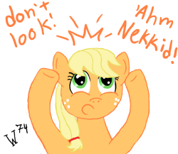 Size: 600x520 | Tagged: safe, artist:wolferahm, character:applejack, applejack wants her hat back, blonde, female, hatless, missing accessory, solo, we don't normally wear clothes
