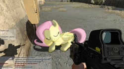 Size: 1024x576 | Tagged: safe, artist:colorfulbrony, character:fluttershy, arma 2, desert, gun, m4a1, ponies in video games, rifle, sleeping, wasteland