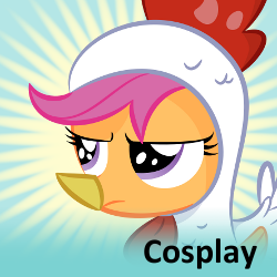 Size: 250x250 | Tagged: safe, artist:shadowdark3, character:scootaloo, species:chicken, chicken suit, clothing, cosplay, cute, cutealoo, scootachicken, spoilered image joke