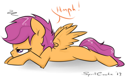 Size: 714x448 | Tagged: dead source, safe, artist:spiritcookie, character:scootaloo, species:pegasus, species:pony, female, grumpaloo, grumpy, lying down, prone, solo, squint