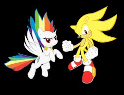 Size: 5700x4364 | Tagged: safe, artist:geonine, character:rainbow dash, character:sonic the hedgehog, absurd resolution, black background, crossover, element of loyalty, simple background, sonic the hedgehog (series), super rainbow dash, super sonic, vector