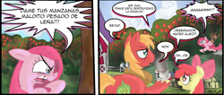 Size: 1194x508 | Tagged: safe, artist:supersheep64, character:apple bloom, character:big mcintosh, character:pinkamena diane pie, character:pinkie pie, species:earth pony, species:pony, g4, chair, coffee, comic, farm, male, spanish, stallion, swapped cutie marks, sweet apple acres, translation