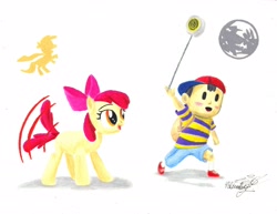 Size: 3300x2552 | Tagged: safe, artist:primogenitor34, character:apple bloom, behaving like a dog, crossover, earthbound, ness, nintendo, traditional art