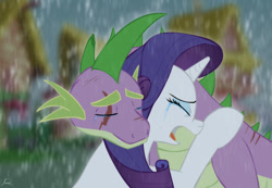 Size: 1024x709 | Tagged: safe, artist:ryuukiba, character:rarity, character:spike, ship:sparity, crying, female, interspecies, male, rain, scar, shipping, straight