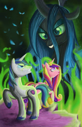 Size: 1970x3045 | Tagged: safe, artist:buckingawesomeart, character:princess cadance, character:queen chrysalis, character:shining armor, species:alicorn, species:changeling, species:pony, species:unicorn, changeling queen, female, male, mare, one hoof raised, stallion