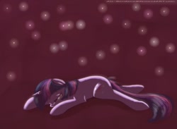 Size: 930x680 | Tagged: safe, artist:nos-talgia, character:twilight sparkle, crying, female, firefly, floppy ears, lights, lying down, prone, sad, solo