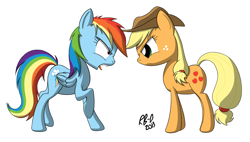 Size: 2610x1483 | Tagged: safe, artist:rb-d, character:applejack, character:rainbow dash, species:earth pony, species:pegasus, species:pony, angry, female, looking at each other, mare, signature, simple background, white background