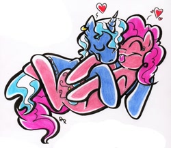 Size: 840x729 | Tagged: safe, artist:littletiger488, character:pinkie pie, character:pokey pierce, species:earth pony, species:pony, species:unicorn, ship:pokeypie, female, licking, male, shipping, straight, traditional art