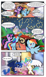 Size: 686x1151 | Tagged: safe, artist:supersheep64, gameloft, character:princess celestia, character:princess luna, character:rainbow dash, character:twilight sparkle, comic, constellation, food