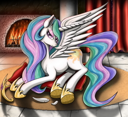 Size: 1200x1100 | Tagged: safe, artist:nalesia, character:princess celestia, bedroom eyes, crown, eyeshadow, feather, female, fireplace, looking at you, pillow, preening, prone, smiling, solo, spread wings, wings