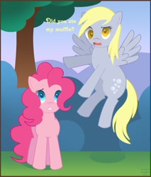 Size: 1330x1559 | Tagged: safe, artist:arastane-siryphia, character:derpy hooves, character:pinkie pie, species:pegasus, species:pony, dialogue, female, mare, tree