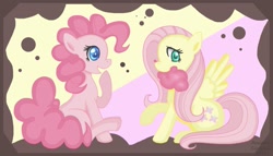 Size: 1449x828 | Tagged: dead source, safe, artist:arastane-siryphia, character:fluttershy, character:pinkie pie, species:earth pony, species:pegasus, species:pony, cotton candy, duo, female, mare, mouth hold, raised hoof, sitting, smiling, spread wings, wings
