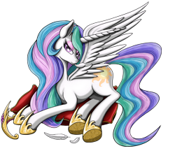 Size: 1200x1100 | Tagged: safe, artist:nalesia, character:princess celestia, bedroom eyes, eyeshadow, feather, female, looking at you, pillow, preening, prone, smiling, solo, spread wings, sultry pose, wings