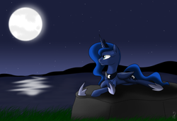 Size: 1600x1100 | Tagged: safe, artist:kyroking, character:princess luna, species:alicorn, species:pony, female, moon, night, prone, solo, water