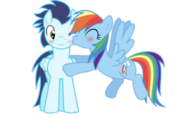 Size: 1024x683 | Tagged: safe, artist:gizemyorganci, character:rainbow dash, character:soarin', ship:soarindash, blushing, female, kiss on the cheek, kissing, male, shipping, simple background, straight, transparent background, vector