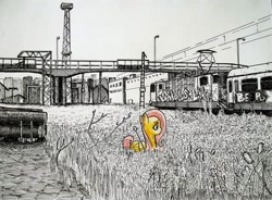 Size: 2044x1506 | Tagged: safe, artist:smellslikebeer, character:fluttershy, black and white, bygone civilization, city, crosshatch, female, folded wings, graffiti, ink, looking down, monochrome, neo noir, partial color, profile, solo, traditional art, train, urban