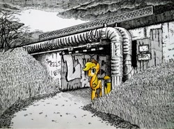 Size: 2048x1520 | Tagged: safe, artist:smellslikebeer, character:applejack, abandoned, bygone civilization, crosshatch, earth, female, graffiti, ink, overcast, partial color, pipe (plumbing), ruins, solo, traditional art, tunnel