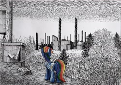 Size: 1938x1370 | Tagged: safe, artist:smellslikebeer, character:rainbow dash, abandoned, bygone civilization, chimney, crosshatch, factory, female, folded wings, ink, looking away, partial color, pollution, rear view, scenery, smoke, smoke stack, solo, traditional art