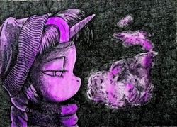Size: 1898x1358 | Tagged: safe, artist:smellslikebeer, character:twilight sparkle, beanie, bust, clothing, crosshatch, dark, female, hat, ink, lidded eyes, looking down, monochrome, neo noir, partial color, portrait, profile, scarf, solo, traditional art