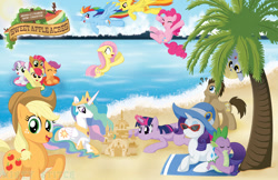 Size: 1600x1035 | Tagged: safe, artist:mintystitch, character:apple bloom, character:applejack, character:babs seed, character:derpy hooves, character:doctor whooves, character:fluttershy, character:pinkie pie, character:princess celestia, character:rainbow dash, character:rarity, character:scootaloo, character:spike, character:spitfire, character:sweetie belle, character:time turner, character:twilight sparkle, character:twilight sparkle (alicorn), species:alicorn, species:pony, beach, beach blanket, clothing, cutie mark crusaders, female, floaty, hat, mane seven, mane six, mare, ocean, palm tree, sandcastle, sunglasses, tree, wet mane