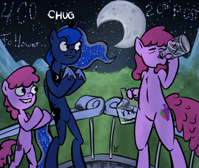 Size: 400x338 | Tagged: safe, artist:senselesssquirrel, character:berry punch, character:berryshine, character:princess luna, species:pony, alcohol, animated, ask, ask berry punch, ask-drunkluna, bipedal, drink, drinking, female, frame by frame