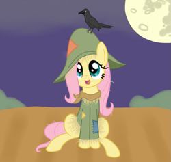 Size: 747x707 | Tagged: safe, artist:fluttershyfree, character:fluttershy, species:bird, species:crow, species:pegasus, species:pony, clothing, costume, cute, female, hat, looking up, mare in the moon, moon, night, open mouth, scarecrow, shyabetes, sitting, smiling, solo