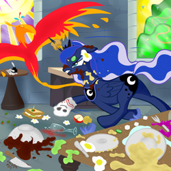 Size: 2000x2000 | Tagged: safe, artist:colgatefim, character:philomena, character:princess luna, angry, chase, exclamation point, floppy ears, flying, glare, gritted teeth, high res, messy, running, turmoil