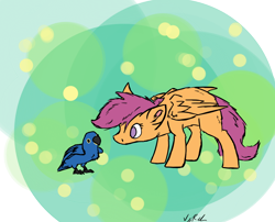 Size: 1300x1050 | Tagged: safe, artist:nos-talgia, character:scootaloo, species:bird, species:parrot, curious, female, fluffy, solo
