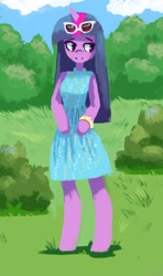 Size: 1032x1745 | Tagged: safe, artist:verrmont, character:twilight sparkle, species:anthro, species:pony, species:unicorn, arm hooves, bipedal, bracelet, clothing, dress, female, jewelry, solo, sunglasses