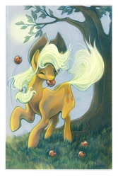 Size: 800x1200 | Tagged: safe, artist:fleebites, character:applejack, apple, eyes closed, female, mouth hold, obligatory apple, solo, tree