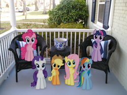 Size: 1600x1197 | Tagged: safe, artist:bryal, character:applejack, character:fluttershy, character:pinkie pie, character:rainbow dash, character:rarity, character:twilight sparkle, species:pony, chair, cute, dashabetes, diapinkes, irl, jackabetes, mane six, photo, ponies in real life, porch, raribetes, shyabetes, twiabetes, vector