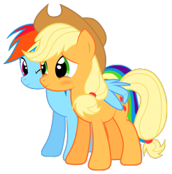 Size: 3567x3625 | Tagged: safe, artist:replaymasteroftime, character:applejack, character:rainbow dash, ship:appledash, blushing, butt touch, feathermarking, female, hug, lesbian, never doubt tchernobog's involvement, shipping, simple background, transparent background, vector, winghug