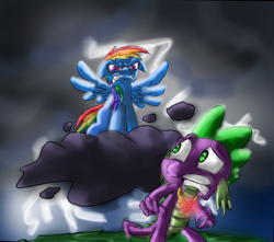 Size: 842x745 | Tagged: safe, artist:supersheep64, character:rainbow dash, character:spike, species:dragon, species:pegasus, species:pony, g4, abuse, angry, cloud, cloudy, element of loyalty, female, gritted teeth, lightning, mare, new rainbow dash, spikeabuse, spread wings, wings