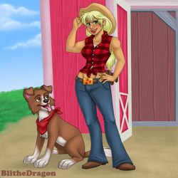 Size: 1440x1440 | Tagged: safe, artist:blithedragon, character:applejack, character:winona, abs, barn, custom, front knot midriff, humanized, midriff