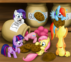 Size: 1000x870 | Tagged: safe, artist:stardustxiii, character:applejack, character:fluttershy, character:pinkie pie, character:rainbow dash, character:rarity, character:twilight sparkle, species:pony, bipedal, cookie, cookie jar, cute, flying, food, levitation, magic, mane six, nom, on back, open mouth, raised hoof, smiling, telekinesis, tiny