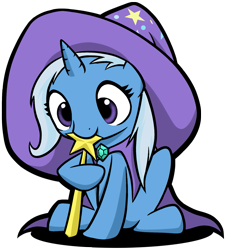 Size: 905x1000 | Tagged: safe, artist:stardustxiii, character:trixie, species:pony, species:unicorn, g4, best pony, biting, clothing, cute, dawwww, diatrixes, female, filly, foal, hat, nom, photoshop, robe, shadow, simple background, sitting, solo, transparent background, trixie's cape, trixie's hat, wand