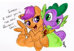 Size: 1571x1072 | Tagged: safe, artist:littletiger488, character:scootaloo, character:spike, ship:scootaspike, element of loyalty, female, male, new rainbow dash, shipping, straight
