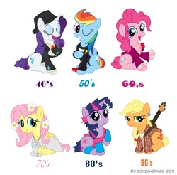 Size: 810x797 | Tagged: safe, artist:gonzahermeg, character:applejack, character:fluttershy, character:pinkie pie, character:rainbow dash, character:rarity, character:twilight sparkle, '90s, 1950s, 40's fashion, 40's hipster, 40s, 50's fashion, 50s, 60's fashion, 60s, 70's fashion, 70s, 80's fashion, 80s, 90's fashion, clothing, decade, decades, fashion, greaser, grunge, hat, hilarious in hindsight, hippie, hippieshy, mane six, music, rainbow dash always dresses in style