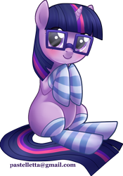 Size: 650x930 | Tagged: safe, artist:meltyvixen, character:twilight sparkle, species:pony, species:unicorn, blushing, c:, clothing, cute, female, filly, glasses, simple background, sitting, smiling, socks, solo, striped socks, transparent background, twiabetes, younger