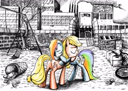 Size: 4907x3515 | Tagged: safe, artist:smellslikebeer, character:applejack, character:rainbow dash, abandoned, black and white, bygone civilization, crosshatch, duo, earth, eyes closed, grayscale, hug, implied apocalypse, ink, monochrome, neo noir, partial color, traditional art