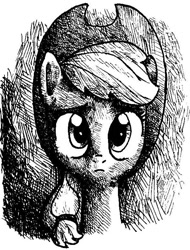 Size: 596x783 | Tagged: safe, artist:smellslikebeer, character:applejack, black and white, bust, crosshatch, female, grayscale, ink, looking at you, monochrome, portrait, solo, traditional art