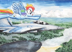 Size: 4943x3562 | Tagged: safe, artist:smellslikebeer, character:rainbow dash, species:human, aircraft, f/a-18 hornet, female, fighter, flying, jet, jet fighter, open mouth, painting, plane, profile, racing, smiling, solo, spread wings, traditional art, wings