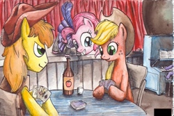 Size: 1337x894 | Tagged: safe, artist:smellslikebeer, character:applejack, character:braeburn, character:pinkie pie, character:spike, species:dragon, species:earth pony, species:pony, card, clothing, dress, hoof hold, ink, playing card, saloon dress, saloon pinkie, traditional art