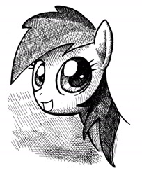 Size: 1489x1828 | Tagged: safe, artist:smellslikebeer, character:rainbow dash, black and white, bust, crosshatch, female, grayscale, ink, looking at you, monochrome, open mouth, portrait, smiling, solo, traditional art