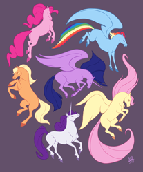 Size: 600x724 | Tagged: safe, artist:rollingrabbit, character:applejack, character:fluttershy, character:pinkie pie, character:rainbow dash, character:rarity, character:twilight sparkle, character:twilight sparkle (alicorn), species:alicorn, species:earth pony, species:pegasus, species:pony, species:unicorn, colored hooves, eyes closed, female, horse, mane six, mare, missing cutie mark, purple background, realistic, realistic horse legs, simple background
