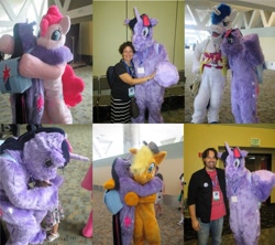 Size: 949x842 | Tagged: safe, artist:kuroitsubasatenshi, character:applejack, character:pinkie pie, character:shining armor, character:twilight sparkle, species:human, amy keating rogers, bronycon, convention, cosplay, fluffy, fursuit, hug, irl, irl human, m.a. larson, photo