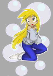 Size: 725x1035 | Tagged: safe, artist:bleedman, artist:cammandude, character:derpy hooves, species:human, clothing, cutie mark background, female, humanized, solo