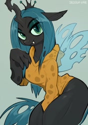 Size: 905x1280 | Tagged: safe, artist:zazush-una, character:queen chrysalis, species:anthro, g4, hoodie, looking at you, solo